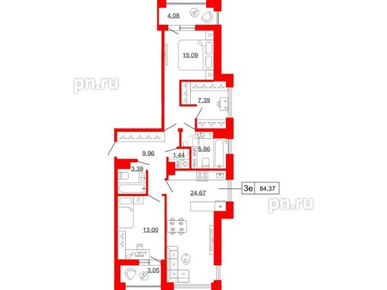 Квартира в ЖК Коллекционный дом 1919, 2 комнатная, 84.37 м², 9 этаж