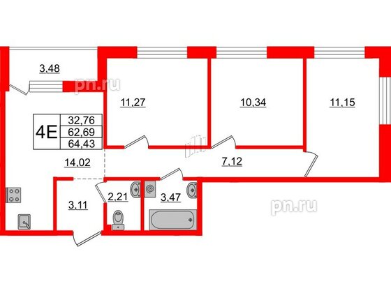 Квартира в ЖК iD Murino II, 3 комнатная, 64.43 м², 2 этаж