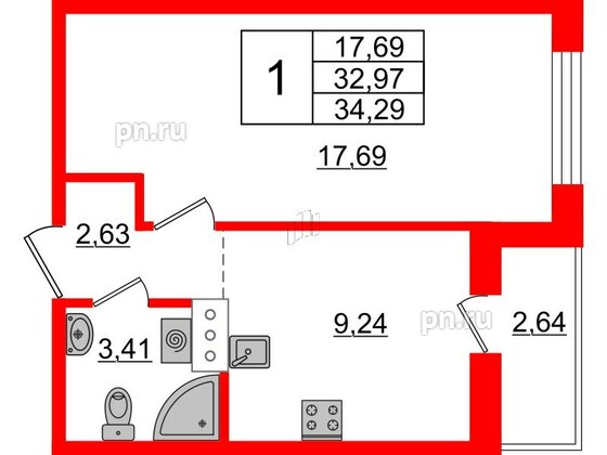 Квартира в ЖК iD Murino II, 1 комнатная, 34.29 м², 3 этаж