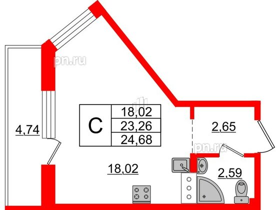 Квартира в ЖК iD Murino II, студия, 24.68 м², 3 этаж