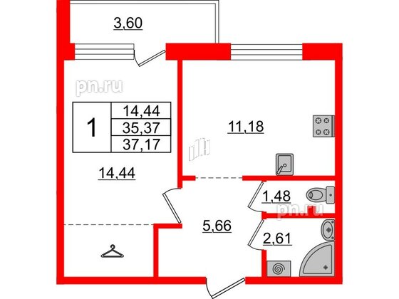 Квартира в ЖК iD Murino II, 1 комнатная, 37.17 м², 2 этаж