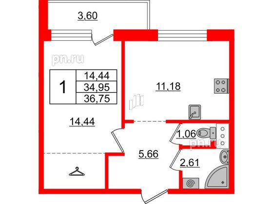 Квартира в ЖК iD Murino II, 1 комнатная, 36.75 м², 3 этаж