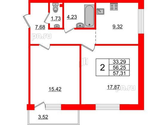 Квартира в ЖК iD Murino II, 2 комнатная, 57.31 м², 2 этаж