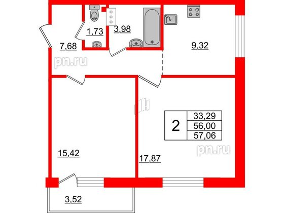 Квартира в ЖК iD Murino II, 2 комнатная, 57.06 м², 3 этаж