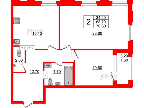 Квартира в ЖК Тайм Сквер, 2 комнатная, 70.3 м², 2 этаж