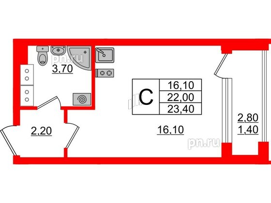 Квартира в ЖК Тайм Сквер, студия, 23.4 м², 8 этаж