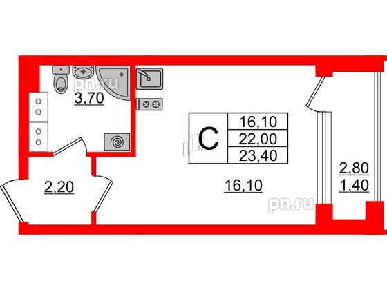 Квартира в ЖК Тайм Сквер, студия, 23.4 м², 12 этаж