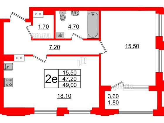 Квартира в ЖК Тайм Сквер, 1 комнатная, 49 м², 3 этаж