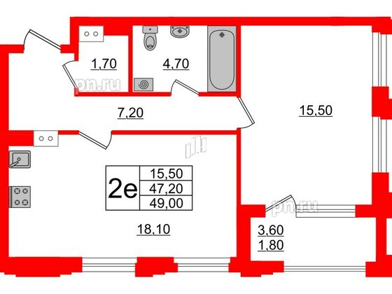 Квартира в ЖК Тайм Сквер, 1 комнатная, 49 м², 4 этаж