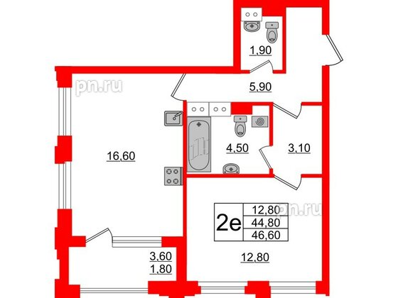 Квартира в ЖК Тайм Сквер, 1 комнатная, 46.6 м², 3 этаж