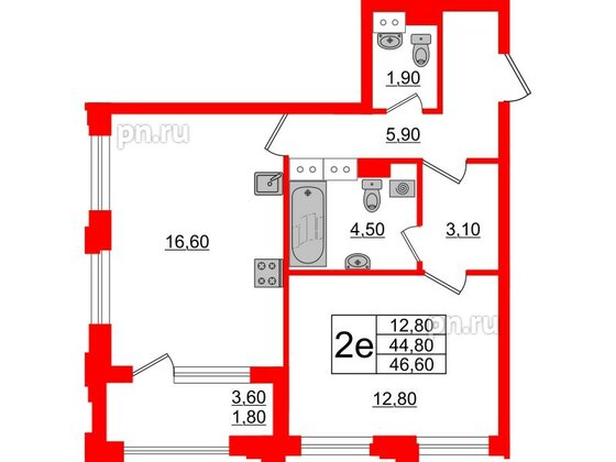 Квартира в ЖК Тайм Сквер, 1 комнатная, 46.6 м², 4 этаж