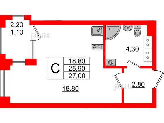 Квартира в ЖК Тайм Сквер, студия, 27 м², 4 этаж