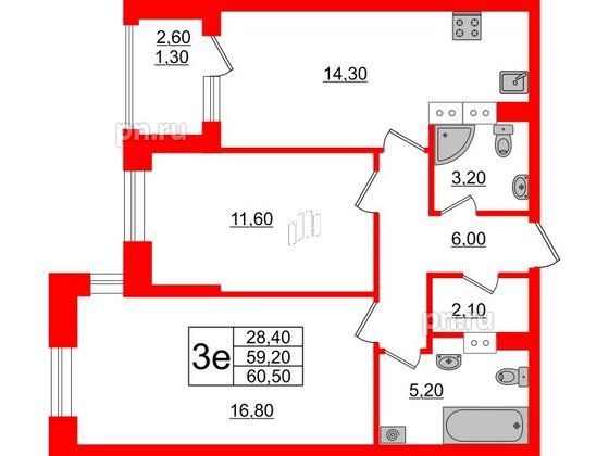 Квартира в ЖК Тайм Сквер, 2 комнатная, 60.5 м², 9 этаж