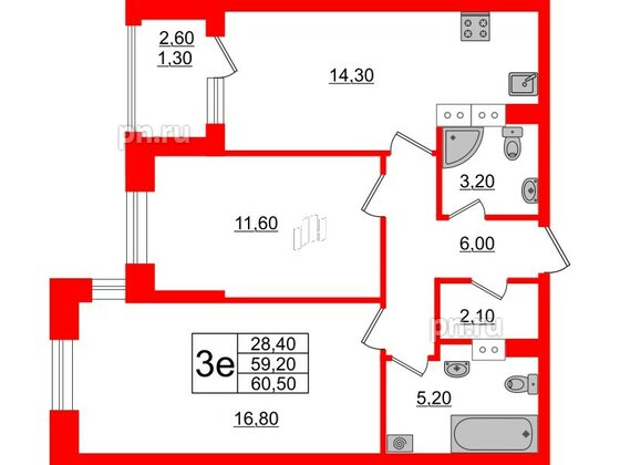 Квартира в ЖК Тайм Сквер, 2 комнатная, 60.5 м², 10 этаж