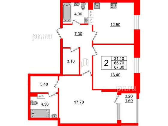 Квартира в ЖК Тайм Сквер, 2 комнатная, 67.3 м², 2 этаж