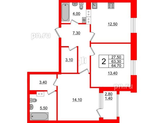 Квартира в ЖК Тайм Сквер, 2 комнатная, 64.7 м², 3 этаж