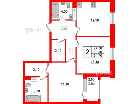 Квартира в ЖК Тайм Сквер, 2 комнатная, 64.7 м², 6 этаж