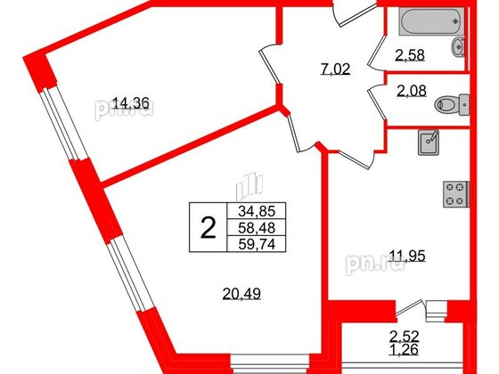 Квартира в ЖК Смарт, 2 комнатная, 59.74 м², 2 этаж