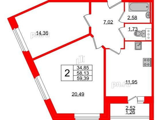 Квартира в ЖК Смарт, 2 комнатная, 59.39 м², 5 этаж