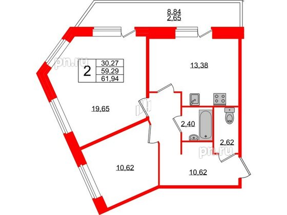 Квартира в ЖК Смарт, 2 комнатная, 61.94 м², 2 этаж