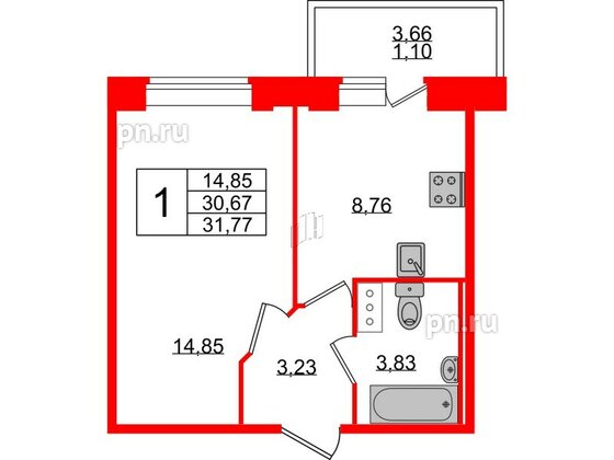 Квартира в ЖК Смарт, 1 комнатная, 31.77 м², 8 этаж