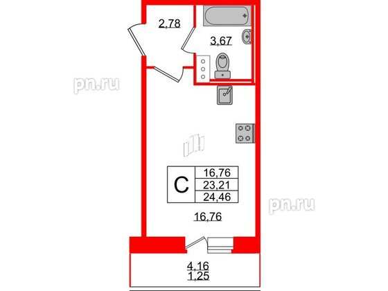 Квартира в ЖК Смарт, студия, 24.46 м², 6 этаж