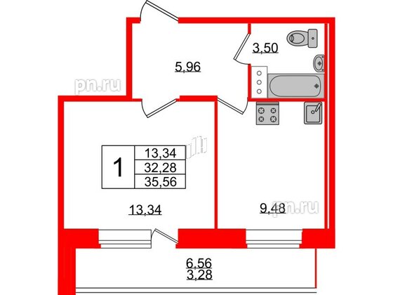 Квартира в ЖК Смарт, 1 комнатная, 35.56 м², 9 этаж