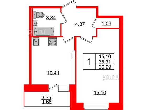 Квартира в ЖК Смарт, 1 комнатная, 36.99 м², 2 этаж