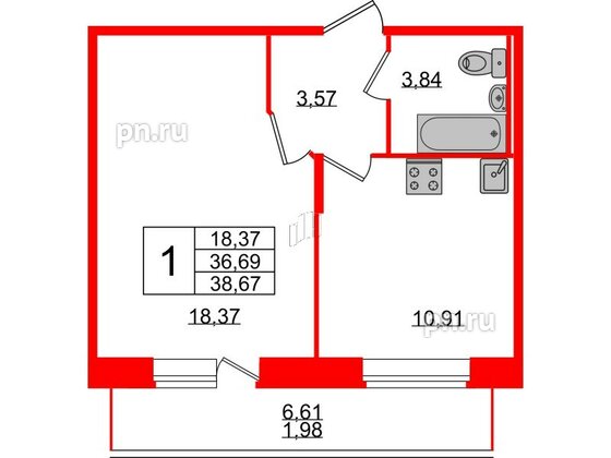 Квартира в ЖК Смарт, 1 комнатная, 38.67 м², 2 этаж