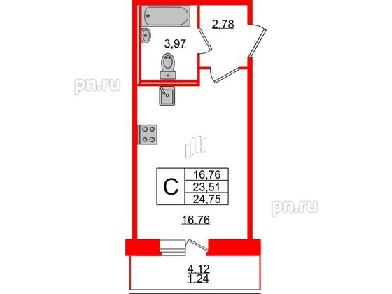 Квартира в ЖК Смарт, студия, 24.75 м², 2 этаж