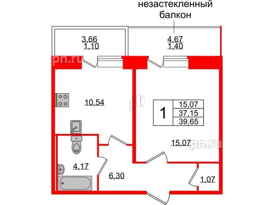 Квартира в ЖК Смарт, 1 комнатная, 39.65 м², 2 этаж