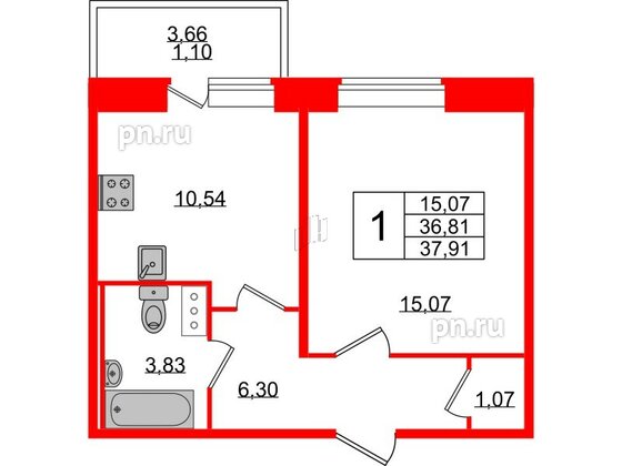 Квартира в ЖК Смарт, 1 комнатная, 37.91 м², 4 этаж