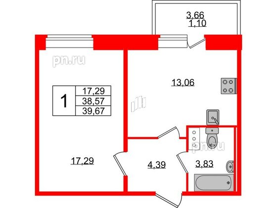 Квартира в ЖК Смарт, 1 комнатная, 39.67 м², 9 этаж