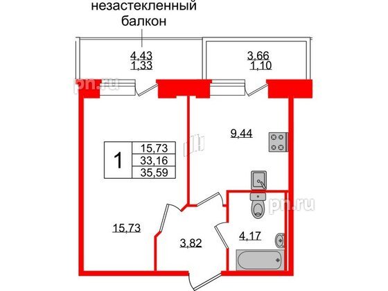 Квартира в ЖК Смарт, 1 комнатная, 35.59 м², 2 этаж