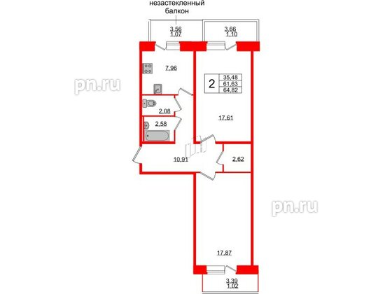 Квартира в ЖК Смарт, 2 комнатная, 64.82 м², 2 этаж