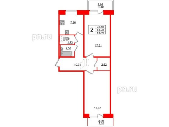 Квартира в ЖК Смарт, 2 комнатная, 63.4 м², 3 этаж