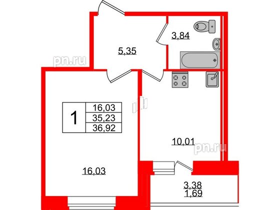 Квартира в ЖК Смарт, 1 комнатная, 36.92 м², 2 этаж