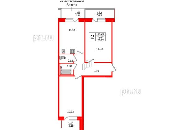 Квартира в ЖК Смарт, 2 комнатная, 67.98 м², 2 этаж