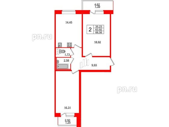 Квартира в ЖК Смарт, 2 комнатная, 66.56 м², 8 этаж