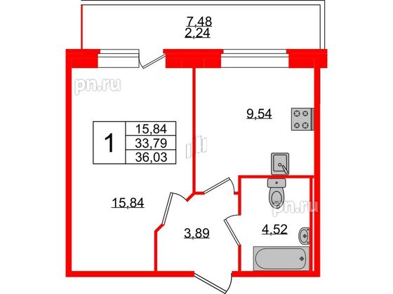 Квартира в ЖК Смарт, 1 комнатная, 35.65 м², 2 этаж