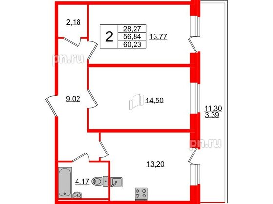 Квартира в ЖК Смарт, 2 комнатная, 60.23 м², 2 этаж