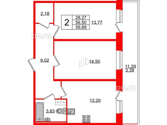 Квартира в ЖК Смарт, 2 комнатная, 59.89 м², 11 этаж