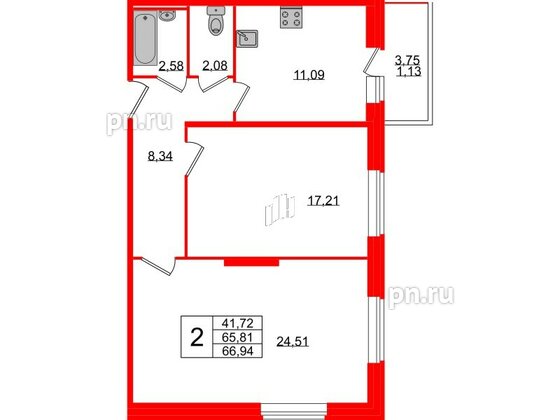 Квартира в ЖК Смарт, 2 комнатная, 66.94 м², 2 этаж