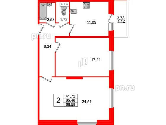 Квартира в ЖК Смарт, 2 комнатная, 66.58 м², 3 этаж