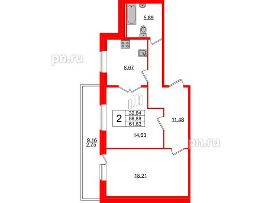 Квартира в ЖК Смарт, 2 комнатная, 61.63 м², 2 этаж