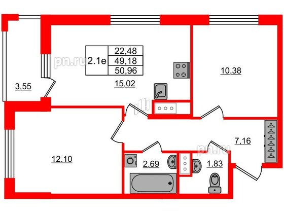 Квартира в ЖК «Город звёзд», 2 комнатная, 49.18 м², 4 этаж