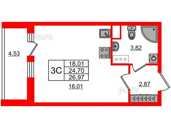 Квартира в ЖК «Город звёзд», студия, 24.7 м², 11 этаж