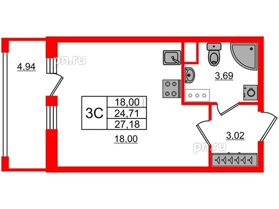 Квартира в ЖК «Город звёзд», студия, 24.71 м², 6 этаж