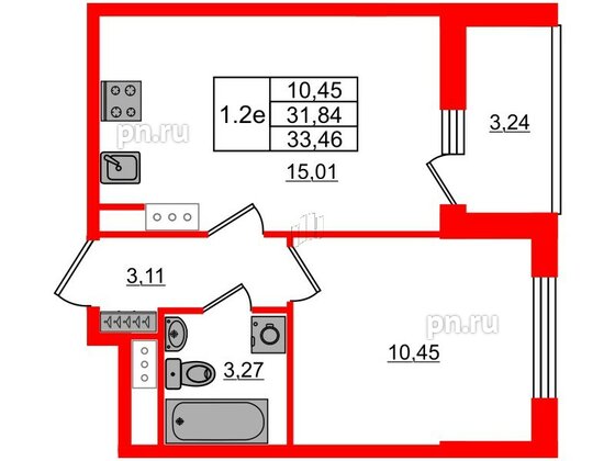 Квартира в ЖК «Город звёзд», 1 комнатная, 31.84 м², 15 этаж