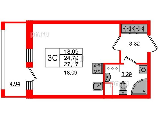 Квартира в ЖК «Город звёзд», студия, 24.7 м², 13 этаж